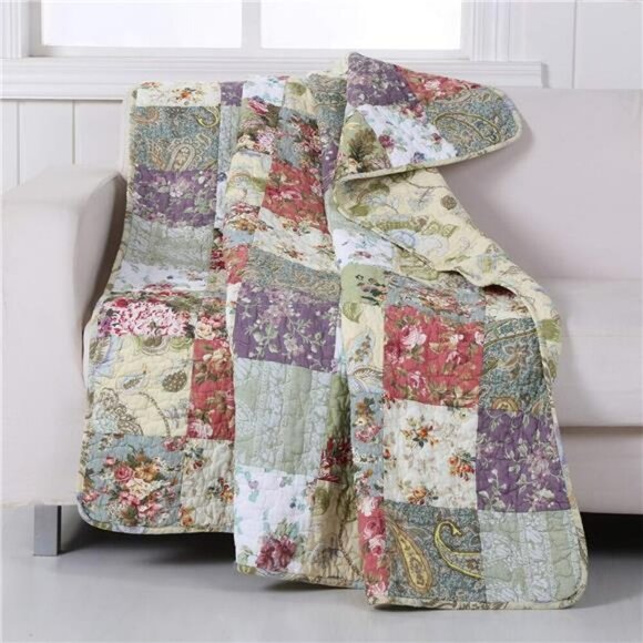 Greenland Home Patchwork Quilted Throw Blanket Floral Cotton Reversible - Picture 2 of 7